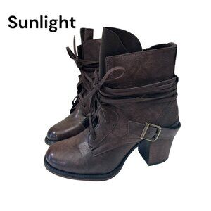 JELLIPOP Women SZ 7.5M Brown Faux Leather Ankle Booties Lace Up 3´´Block Heeled